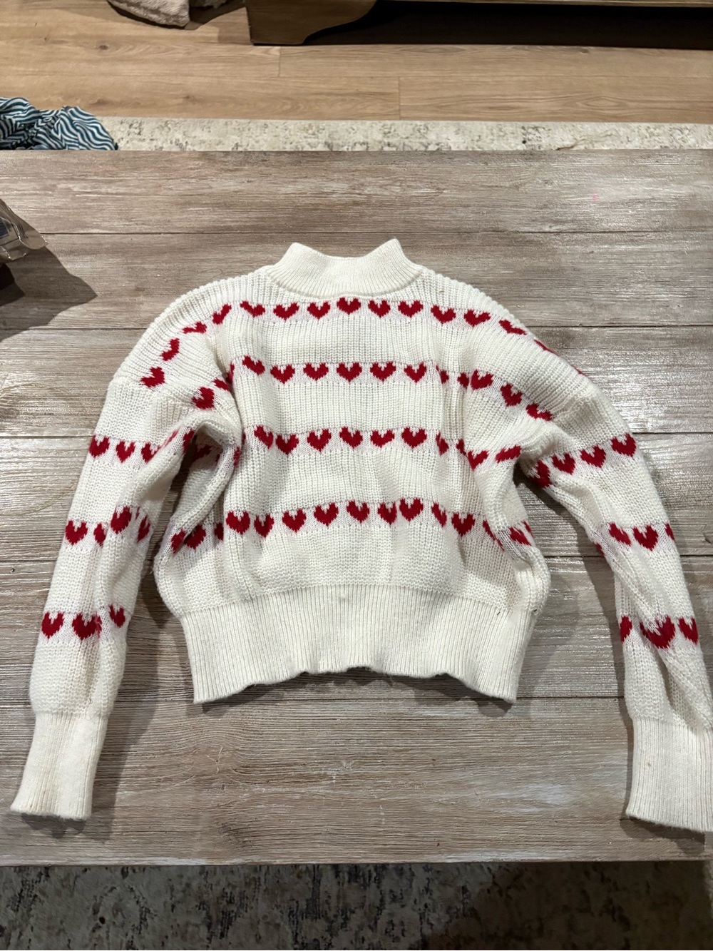 Amazon Cream Knit Turtleneck Sweater with Red Heart Stripes